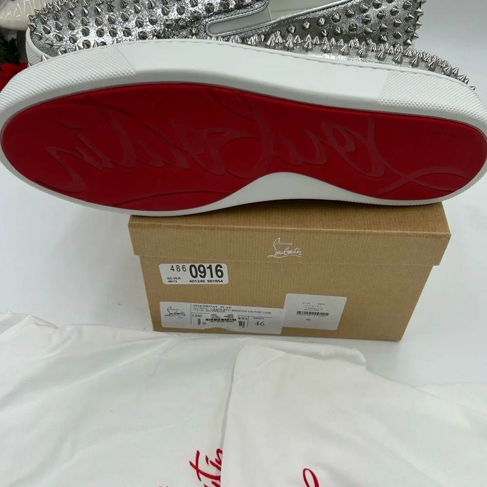 Men's Christian Louboutin roller boat, metallic silver spiked sneakers size 46